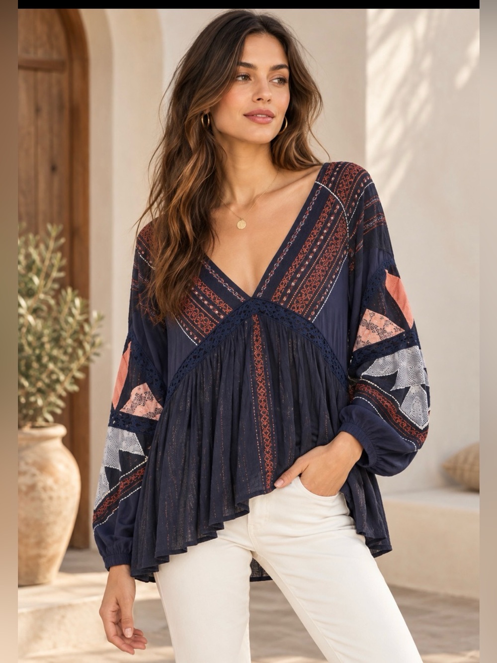 Free People Navy Geometric Print Lace Trim V-Neck Boho Blouse Size L